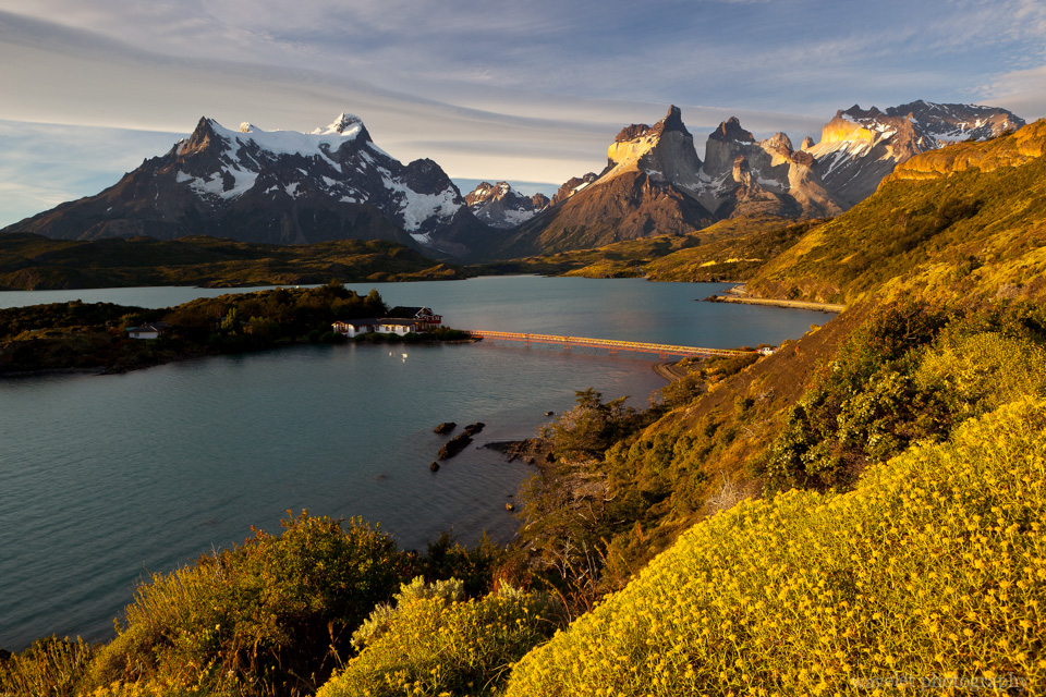 Sunset over Logo Pehoé, Torres del Paine National Park